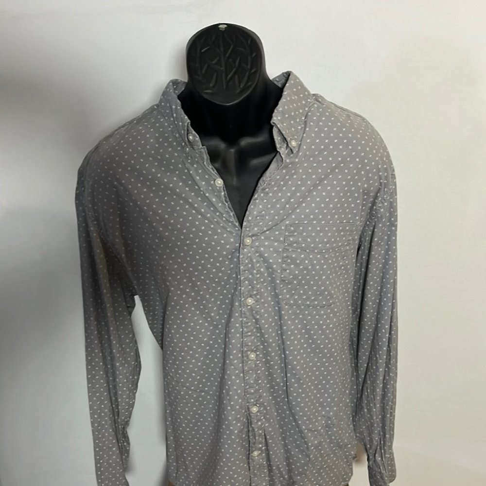 AMERICAN EAGLE Mens Casual Gray + White Classic Button Down LS Shirt (slim fit)